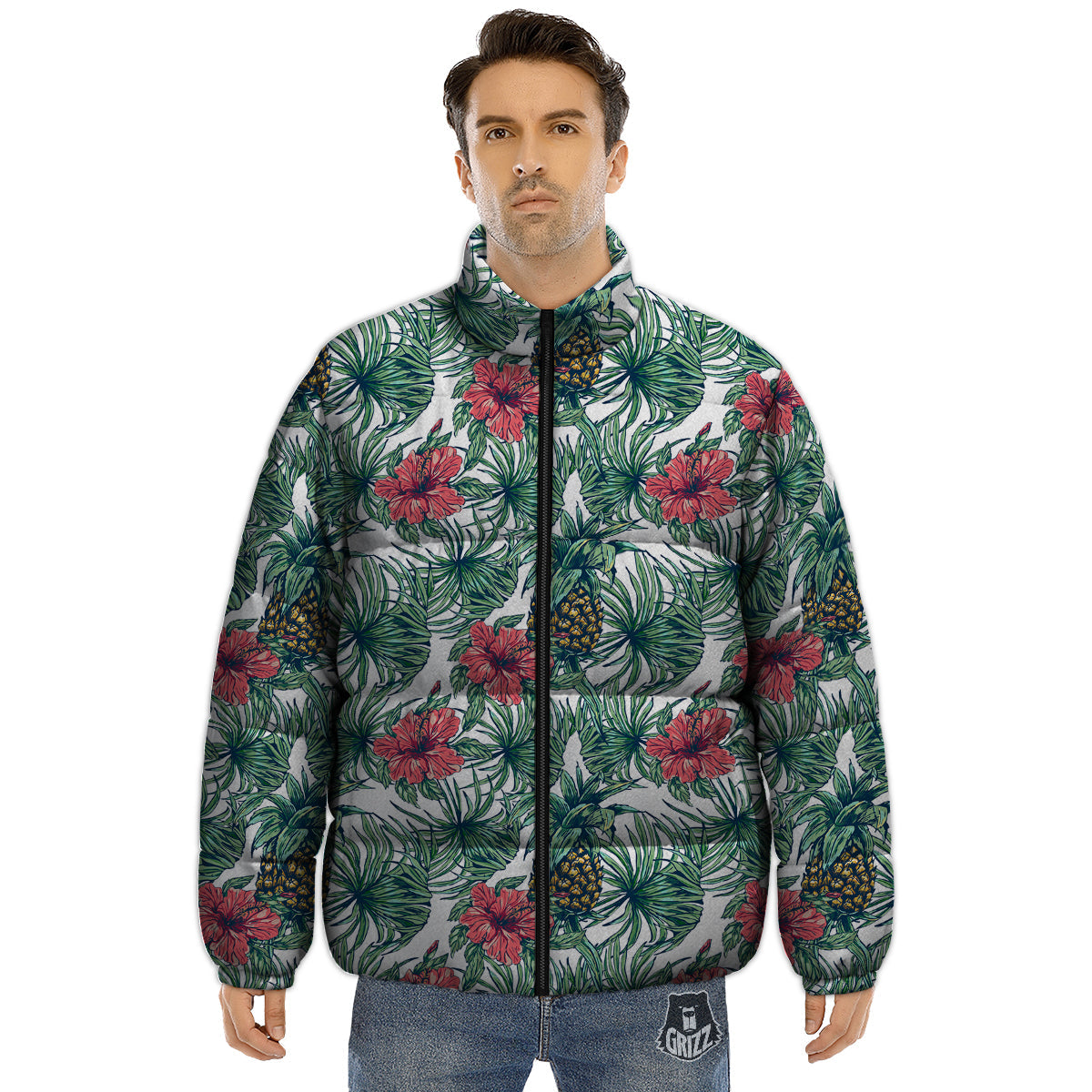 Pineapple White Tropical Print Pattern Puffer Jacket-grizzshop