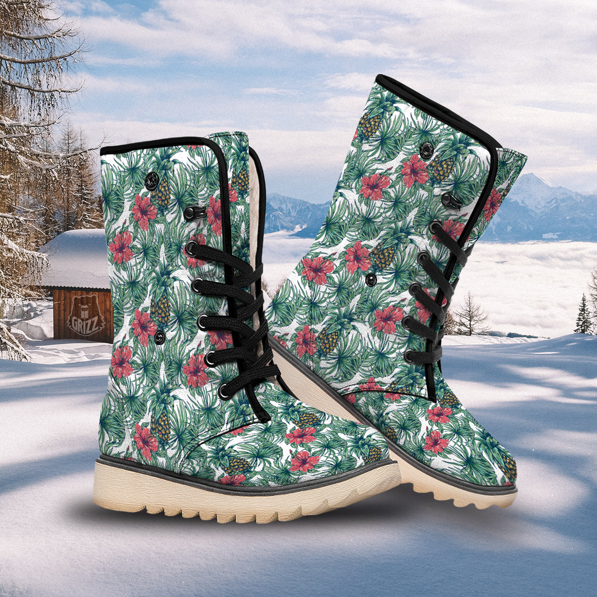 Pineapple White Tropical Print Pattern Snow Boots-grizzshop