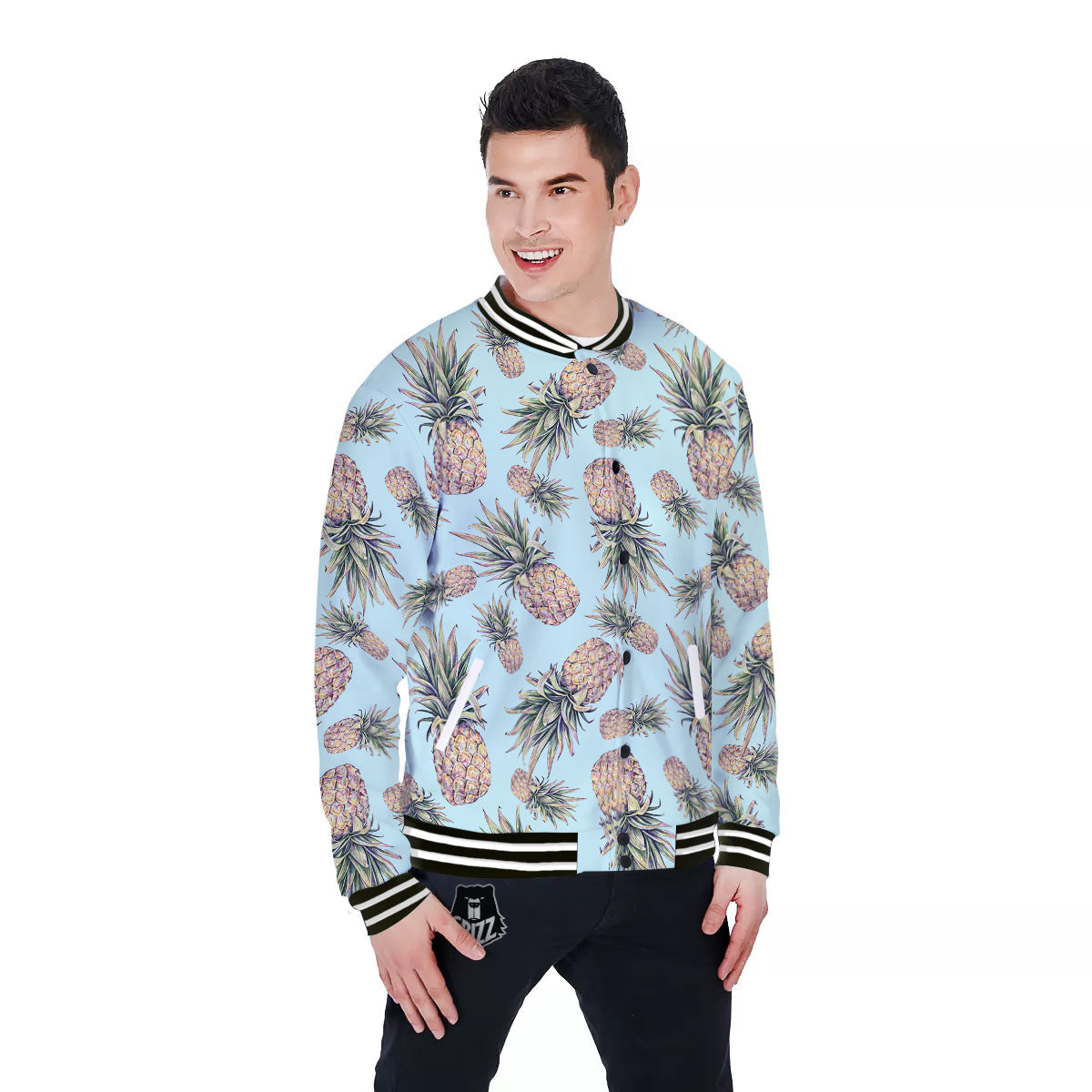 Pineapple White Watercolor Print Pattern Baseball Jacket-grizzshop