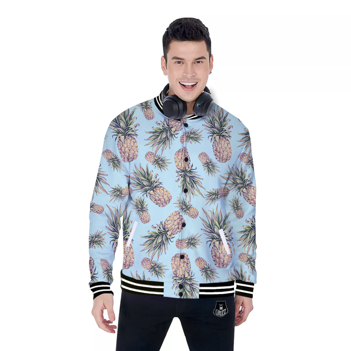 Pineapple White Watercolor Print Pattern Baseball Jacket-grizzshop