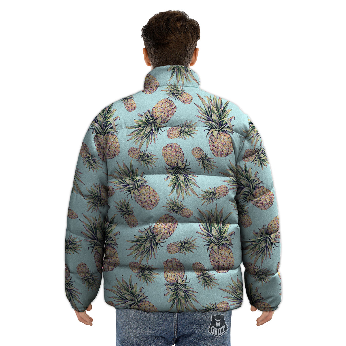 Pineapple White Watercolor Print Pattern Puffer Jacket-grizzshop