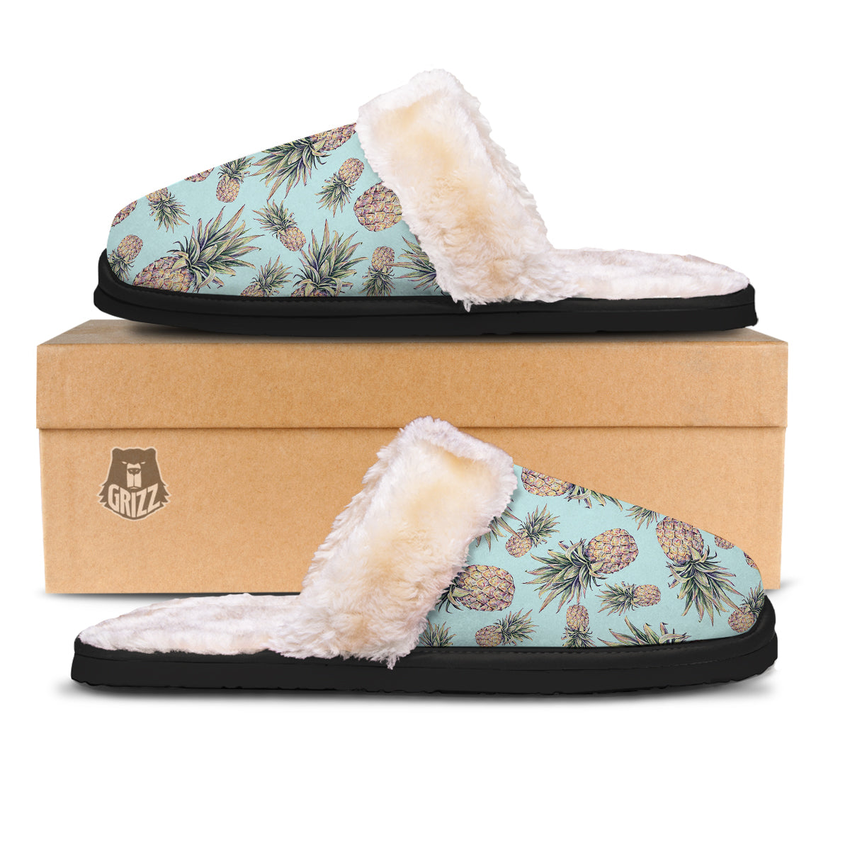 Pineapple White Watercolor Print Pattern Slippers-grizzshop
