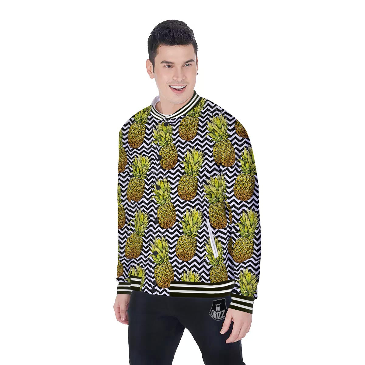 Pineapple White Zig Zag Print Pattern Baseball Jacket-grizzshop