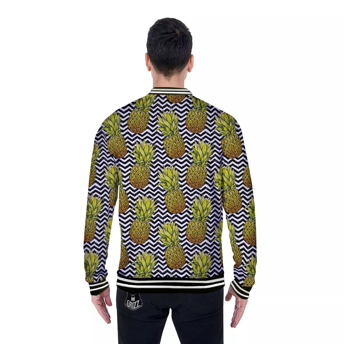 Pineapple White Zig Zag Print Pattern Baseball Jacket-grizzshop