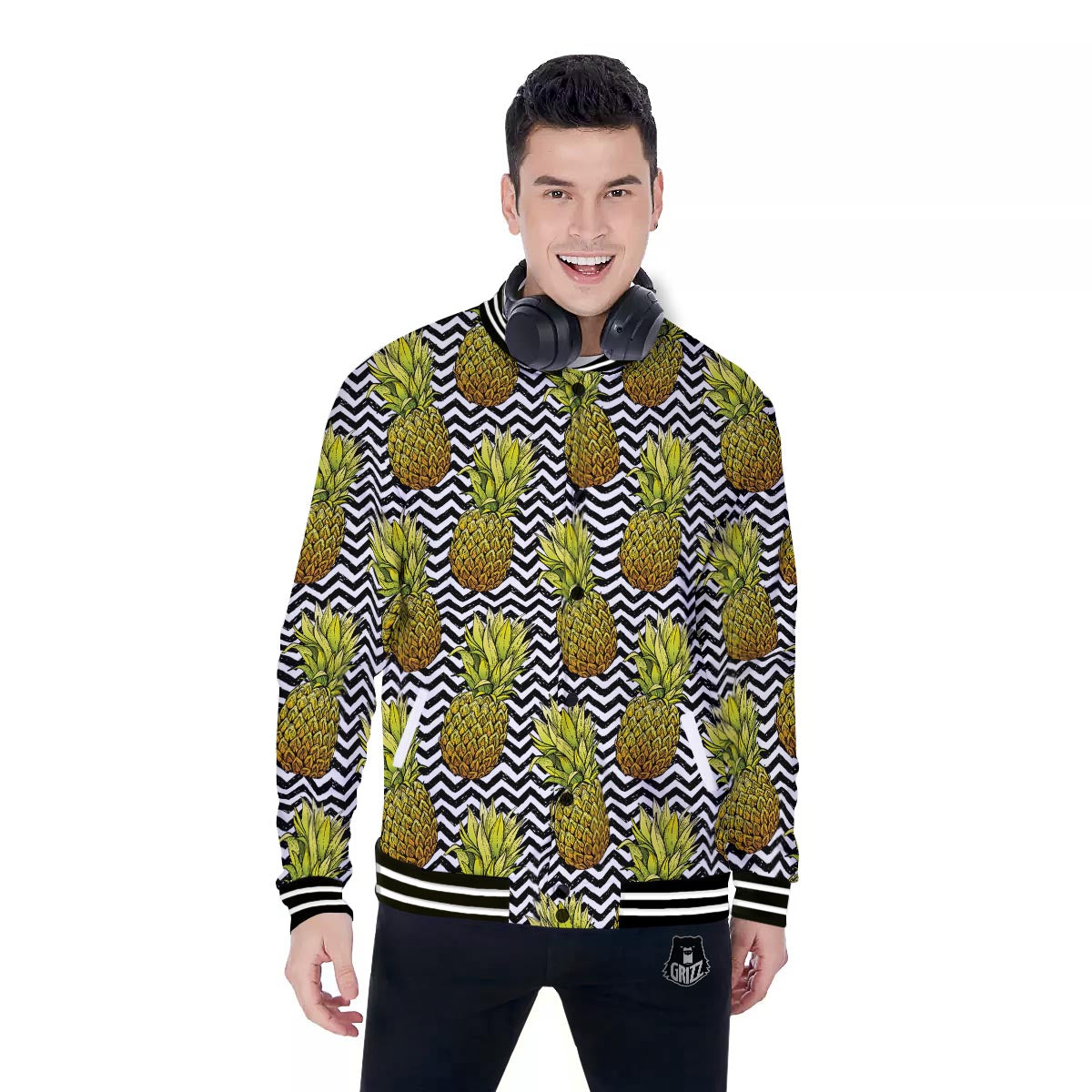 Pineapple White Zig Zag Print Pattern Baseball Jacket-grizzshop