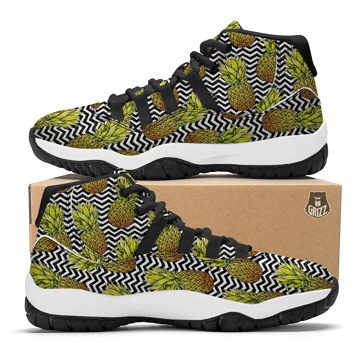 Pineapple White Zig Zag Print Pattern Black Bball Shoes-grizzshop