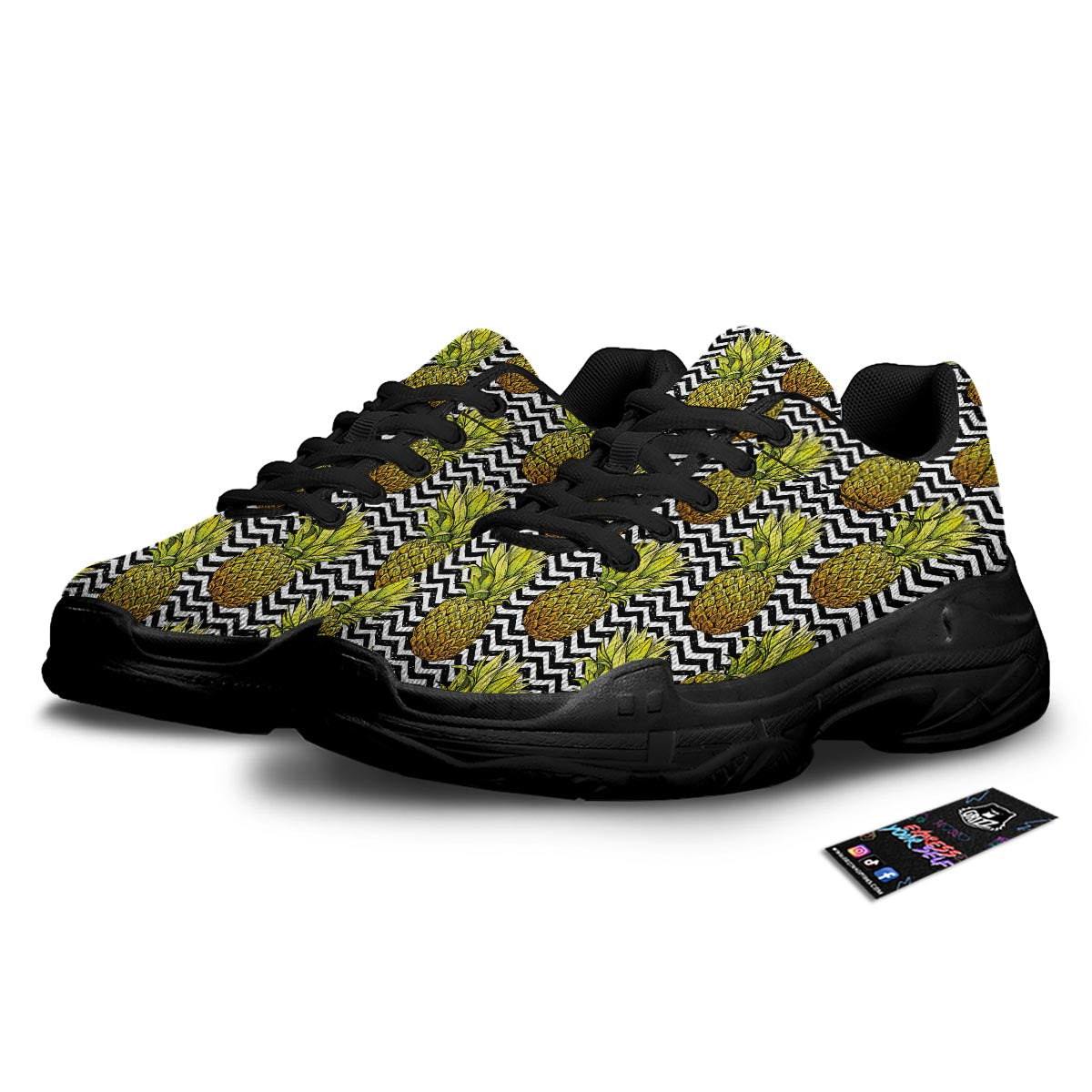 Pineapple White Zig Zag Print Pattern Black Chunky Shoes-grizzshop