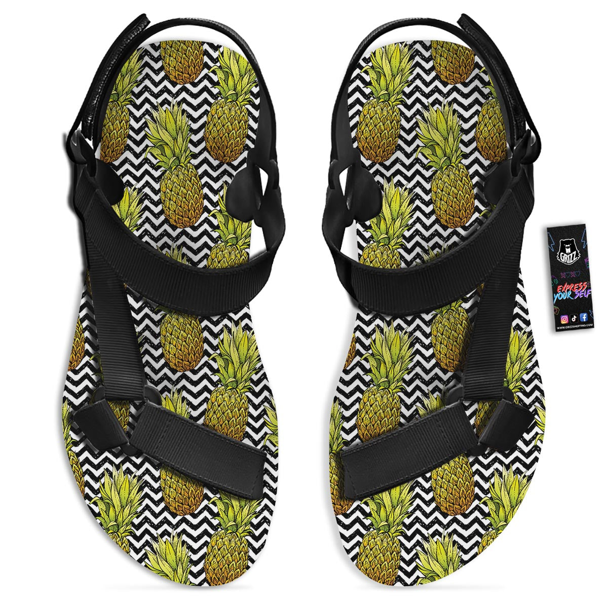 Pineapple White Zig Zag Print Pattern Black Open Toe Sandals-grizzshop
