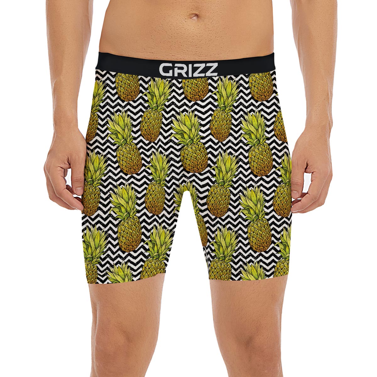 Pineapple White Zig Zag Print Pattern Boxer Briefs-grizzshop