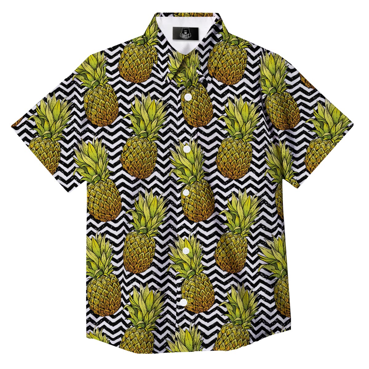 Pineapple White Zig Zag Print Pattern Button Up Shirt-grizzshop