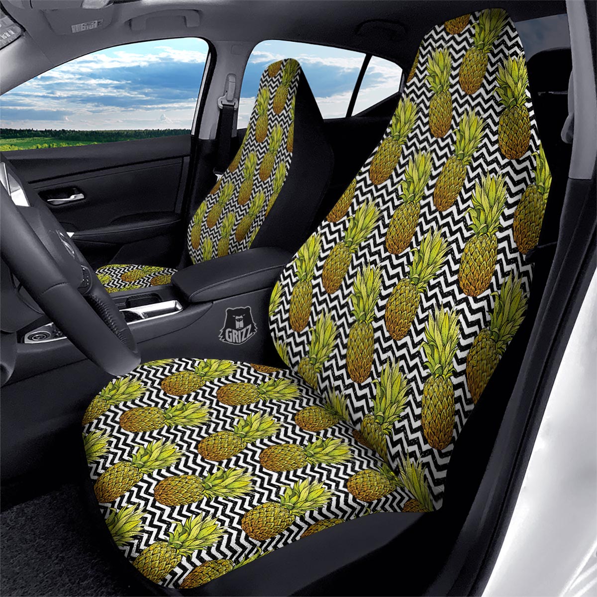 Pineapple White Zig Zag Print Pattern Car Seat Covers-grizzshop
