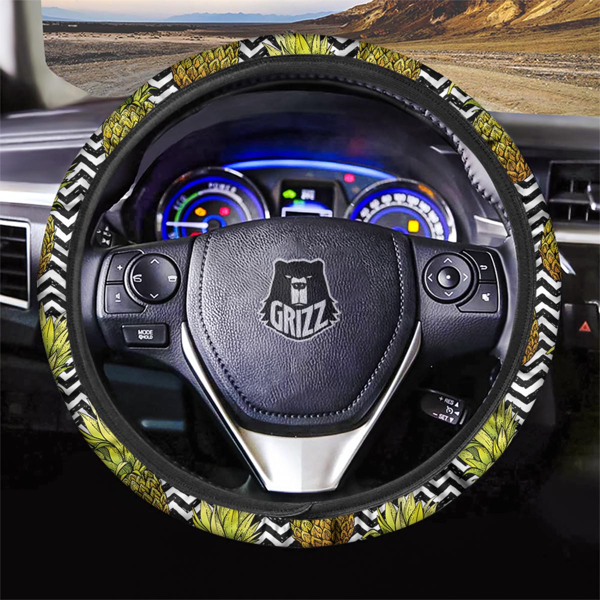 Pineapple White Zig Zag Print Pattern Car Steering Wheel Cover-grizzshop