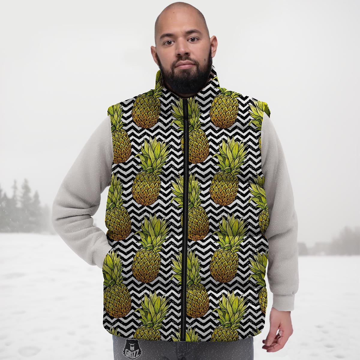 Pineapple White Zig Zag Print Pattern Down Vest-grizzshop