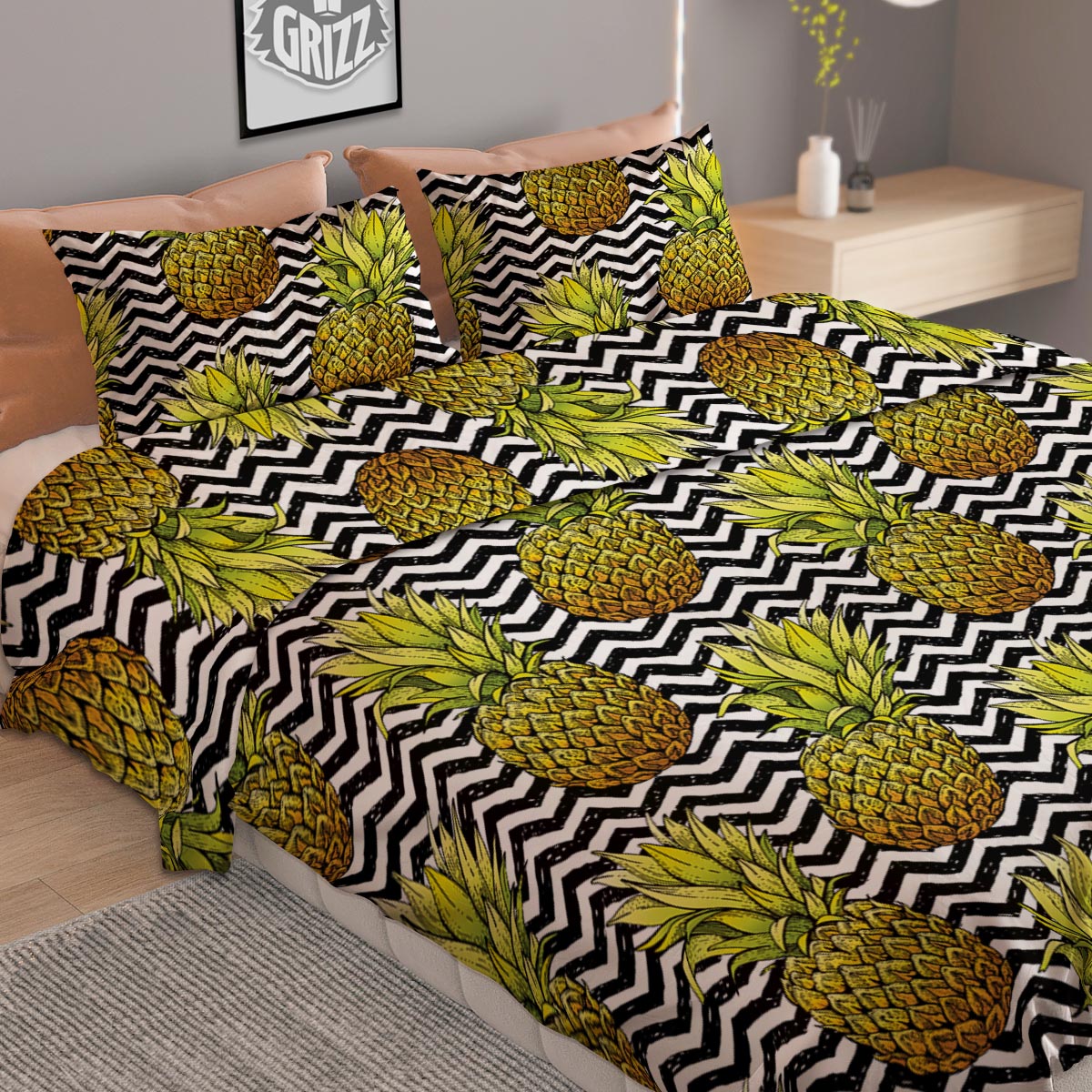 Pineapple White Zig Zag Print Pattern Duvet Cover Bedding Set-grizzshop