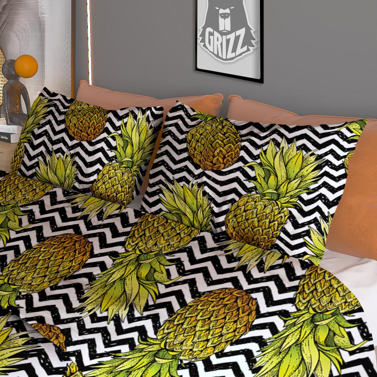 Pineapple White Zig Zag Print Pattern Duvet Cover Bedding Set-grizzshop
