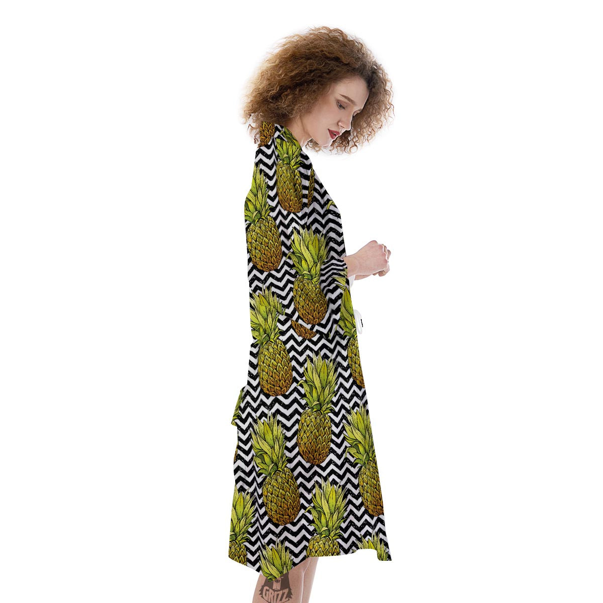 Pineapple White Zig Zag Print Pattern Kimono-grizzshop
