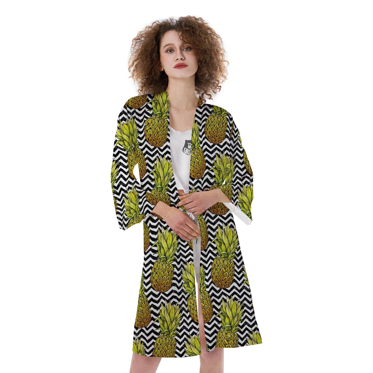 Pineapple White Zig Zag Print Pattern Kimono-grizzshop