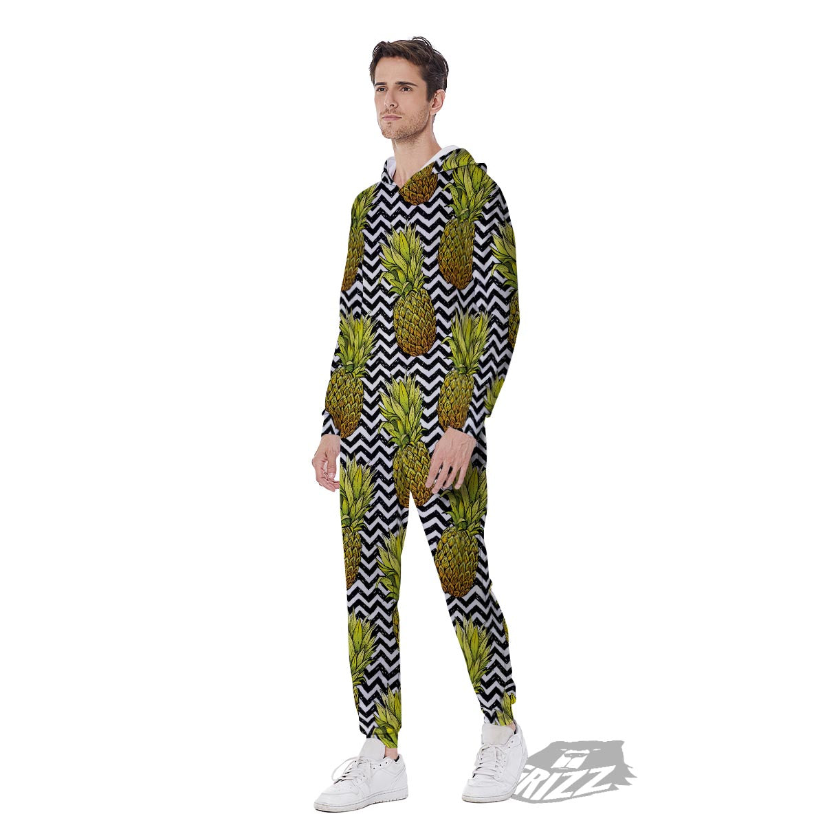 Pineapple White Zig Zag Print Pattern Men's Jumpsuit-grizzshop