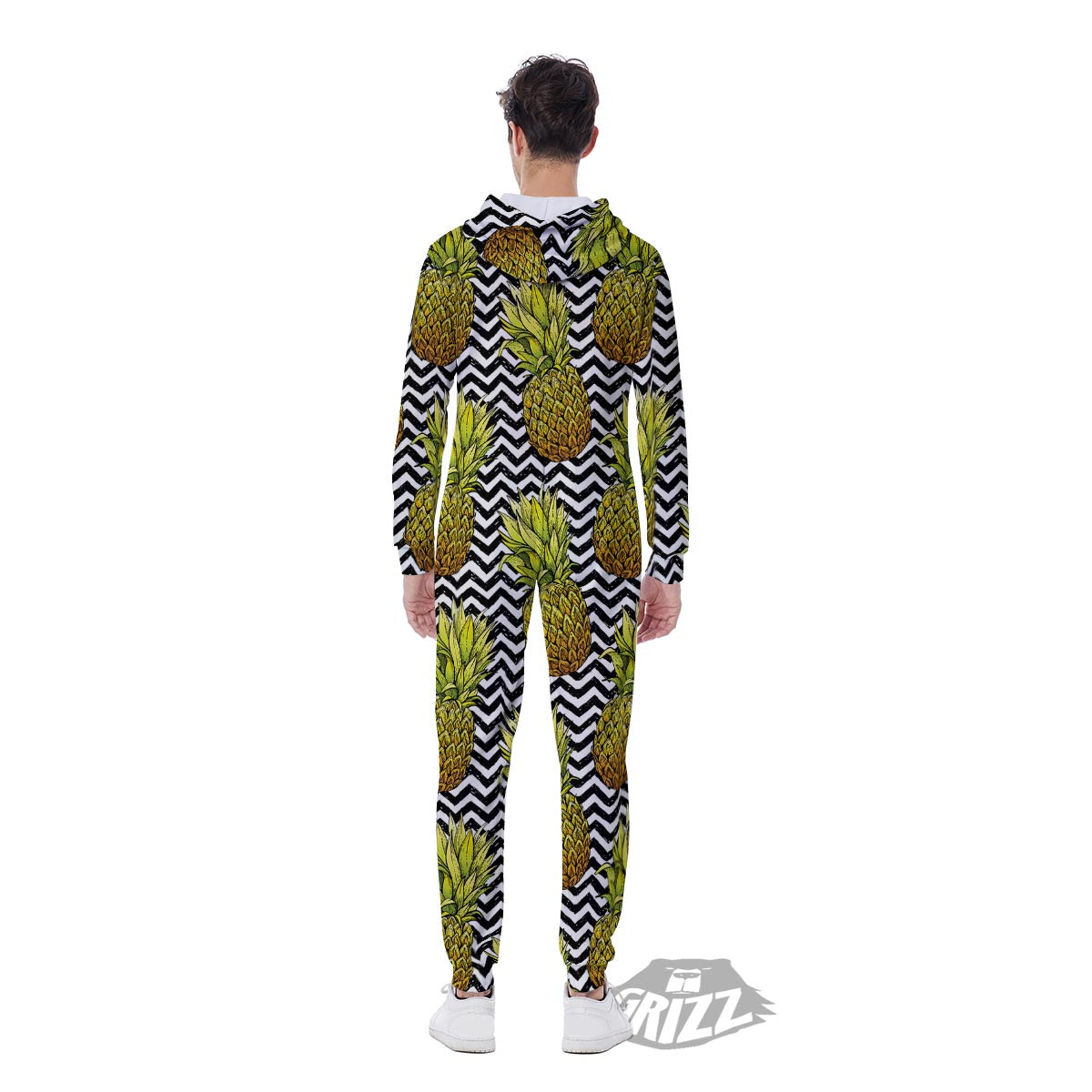 Pineapple White Zig Zag Print Pattern Men's Jumpsuit-grizzshop