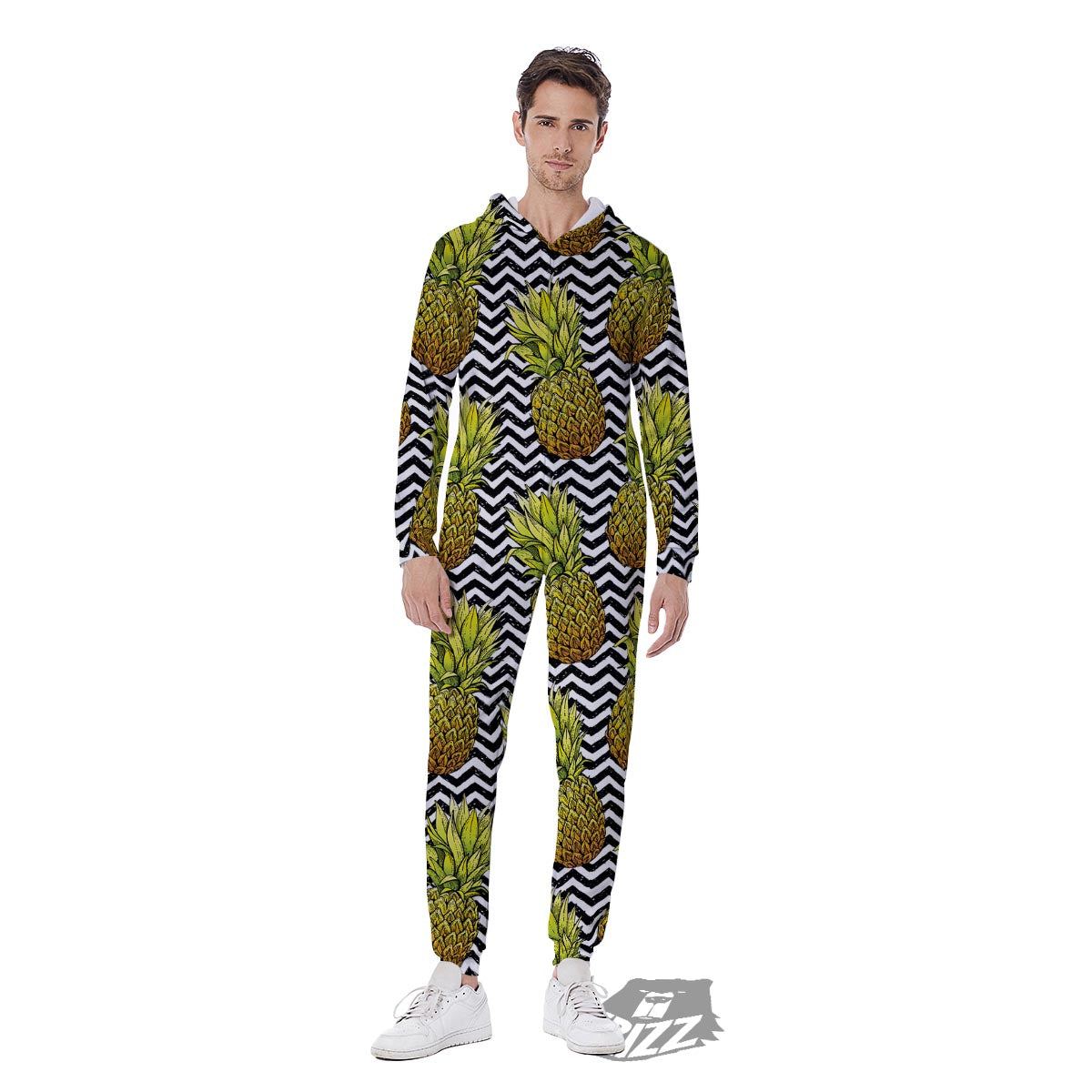 Pineapple White Zig Zag Print Pattern Men's Jumpsuit-grizzshop