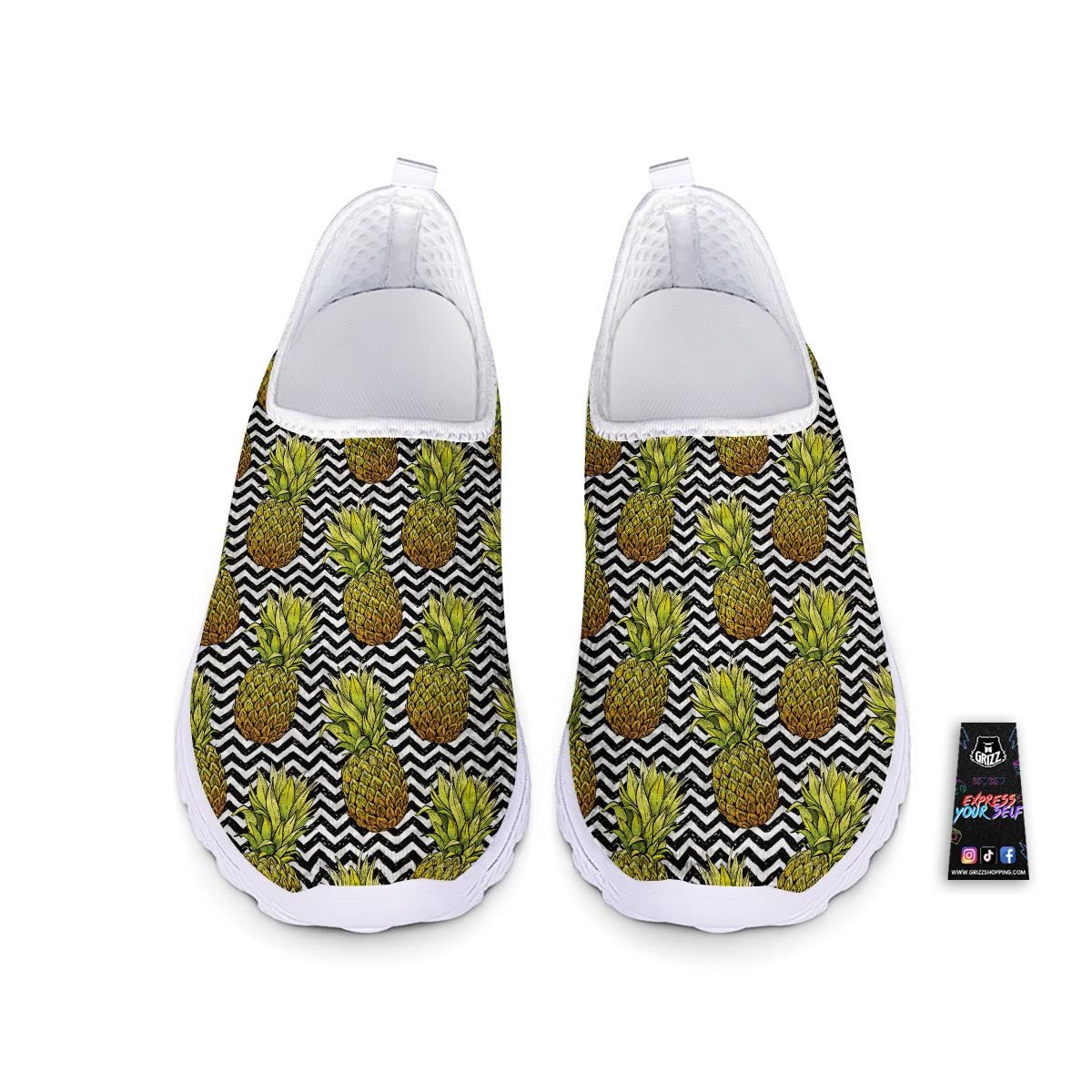 Pineapple White Zig Zag Print Pattern Nurse Shoes-grizzshop