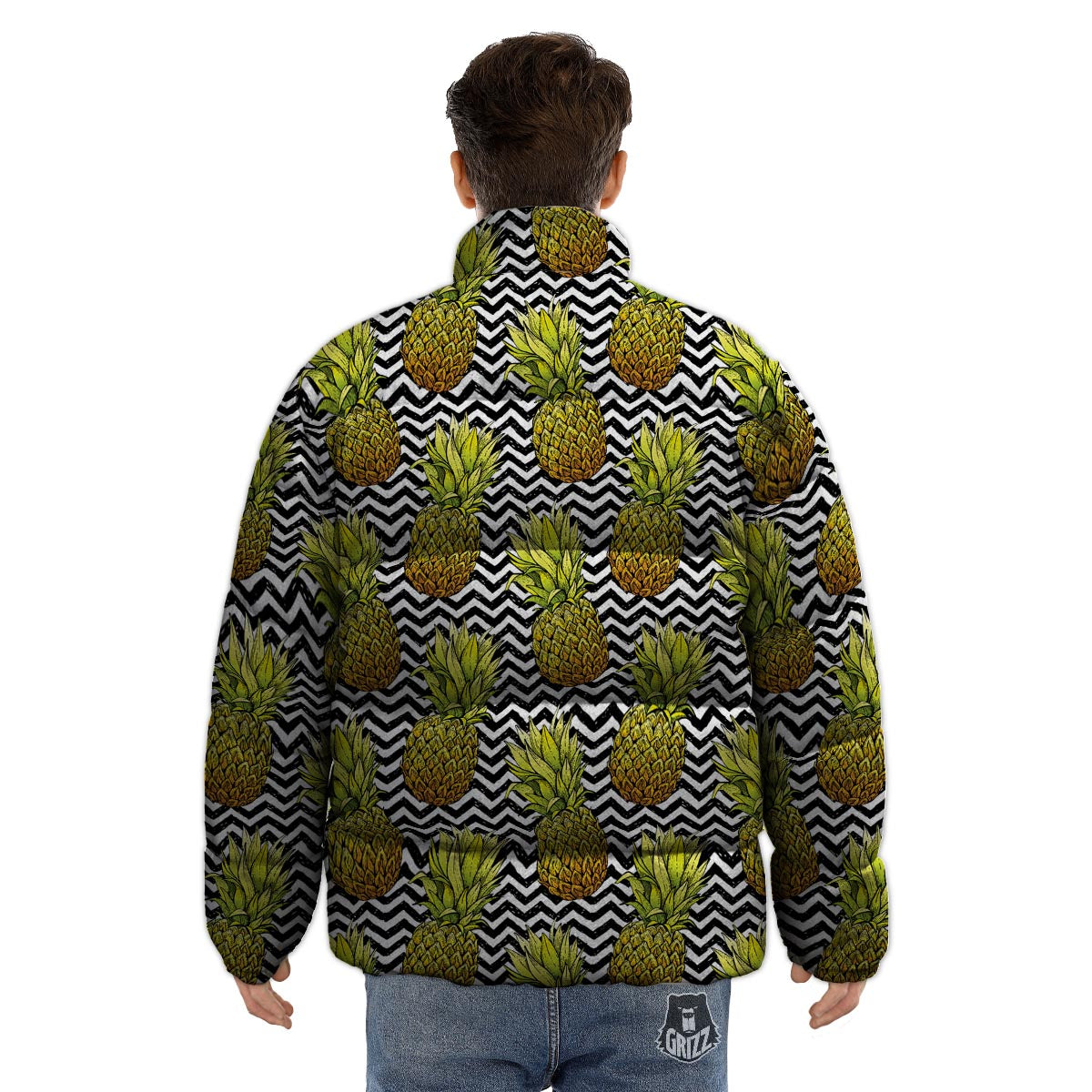 Pineapple White Zig Zag Print Pattern Puffer Jacket-grizzshop