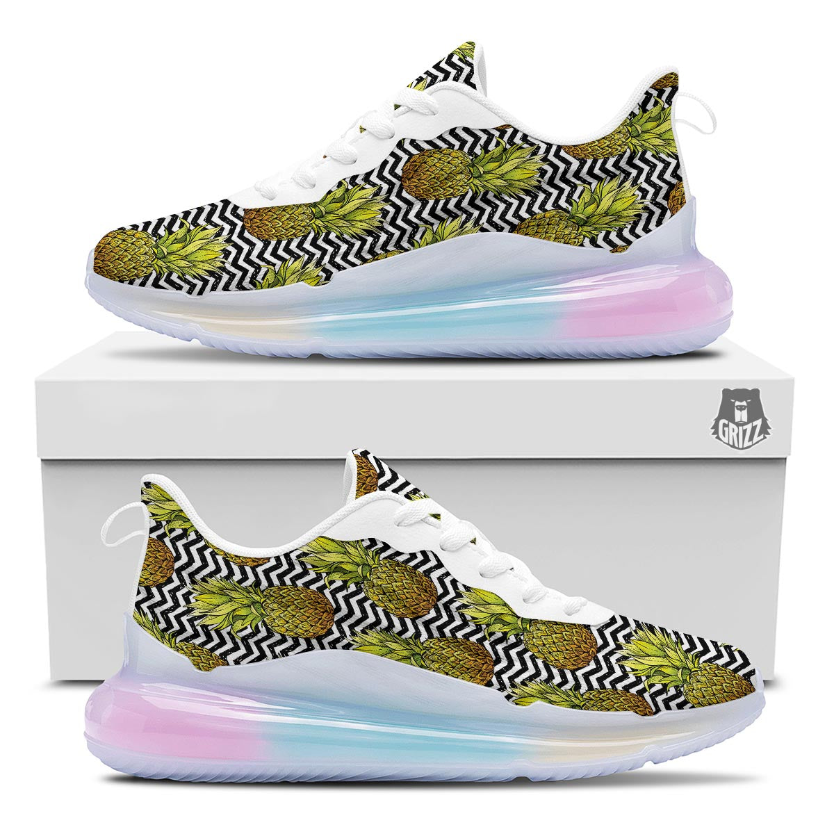Pineapple White Zig Zag Print Pattern Running Sneakers-grizzshop