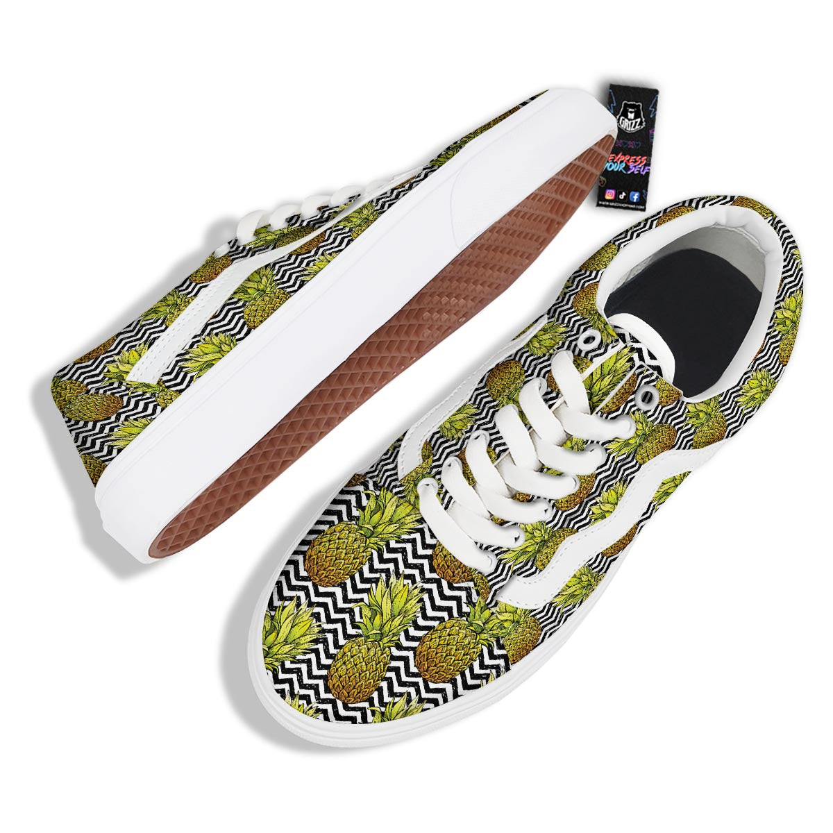 Pineapple White Zig Zag Print Pattern Skate Shoes-grizzshop