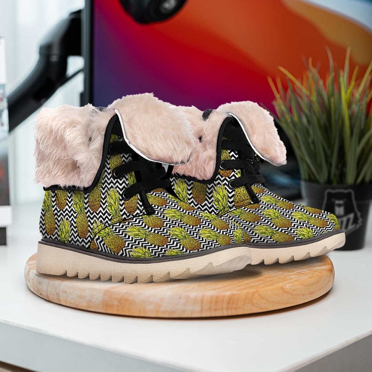 Pineapple White Zig Zag Print Pattern Snow Boots-grizzshop
