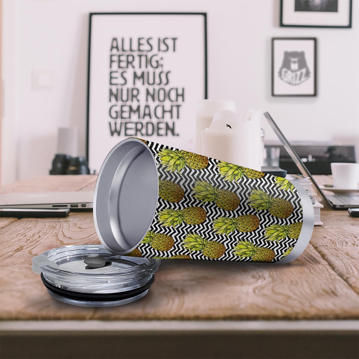 Pineapple White Zig Zag Print Pattern Tumbler-grizzshop