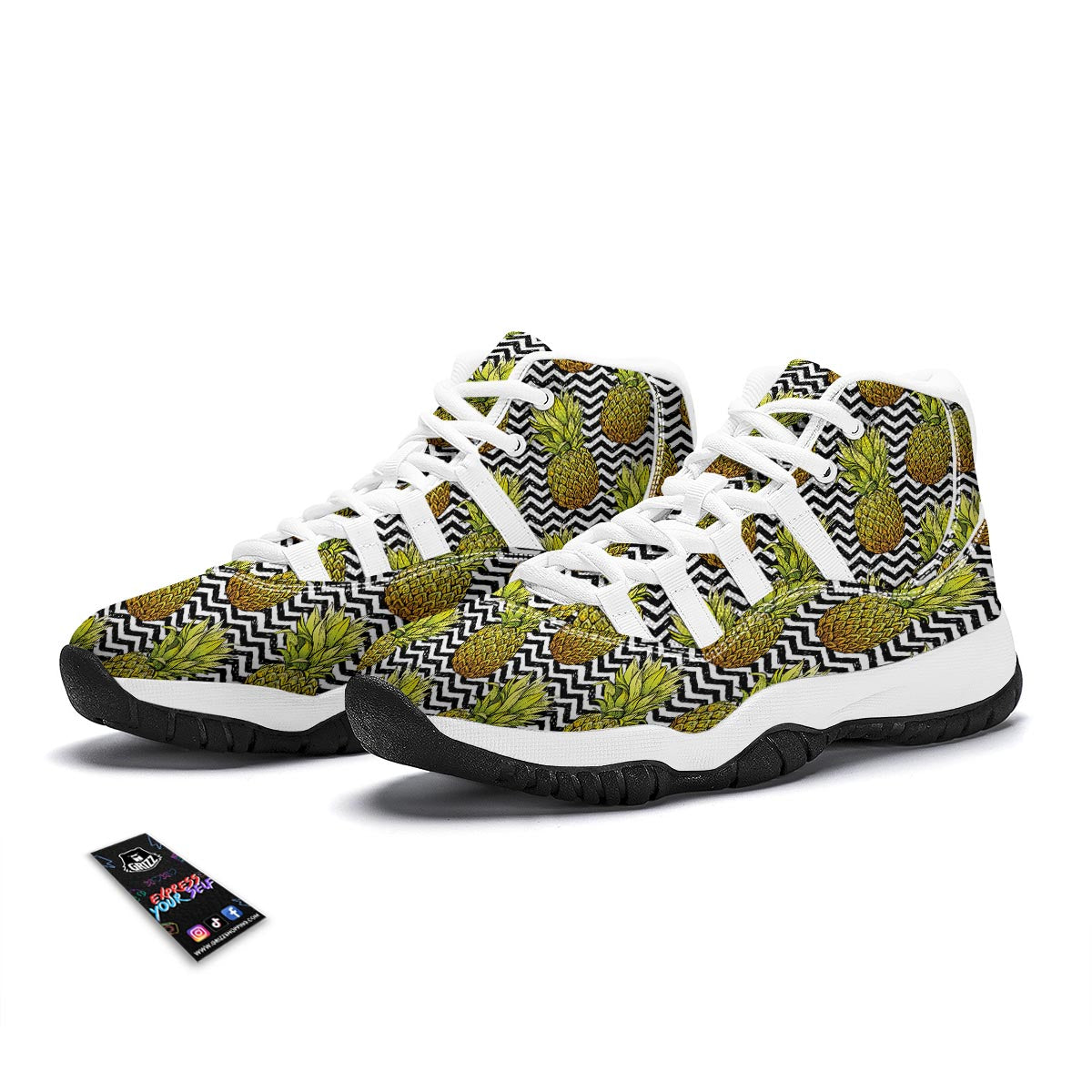 Pineapple White Zig Zag Print Pattern White Bball Shoes-grizzshop