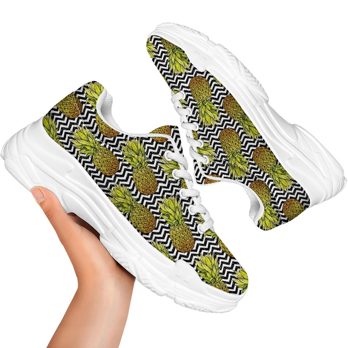 Pineapple White Zig Zag Print Pattern White Chunky Shoes-grizzshop