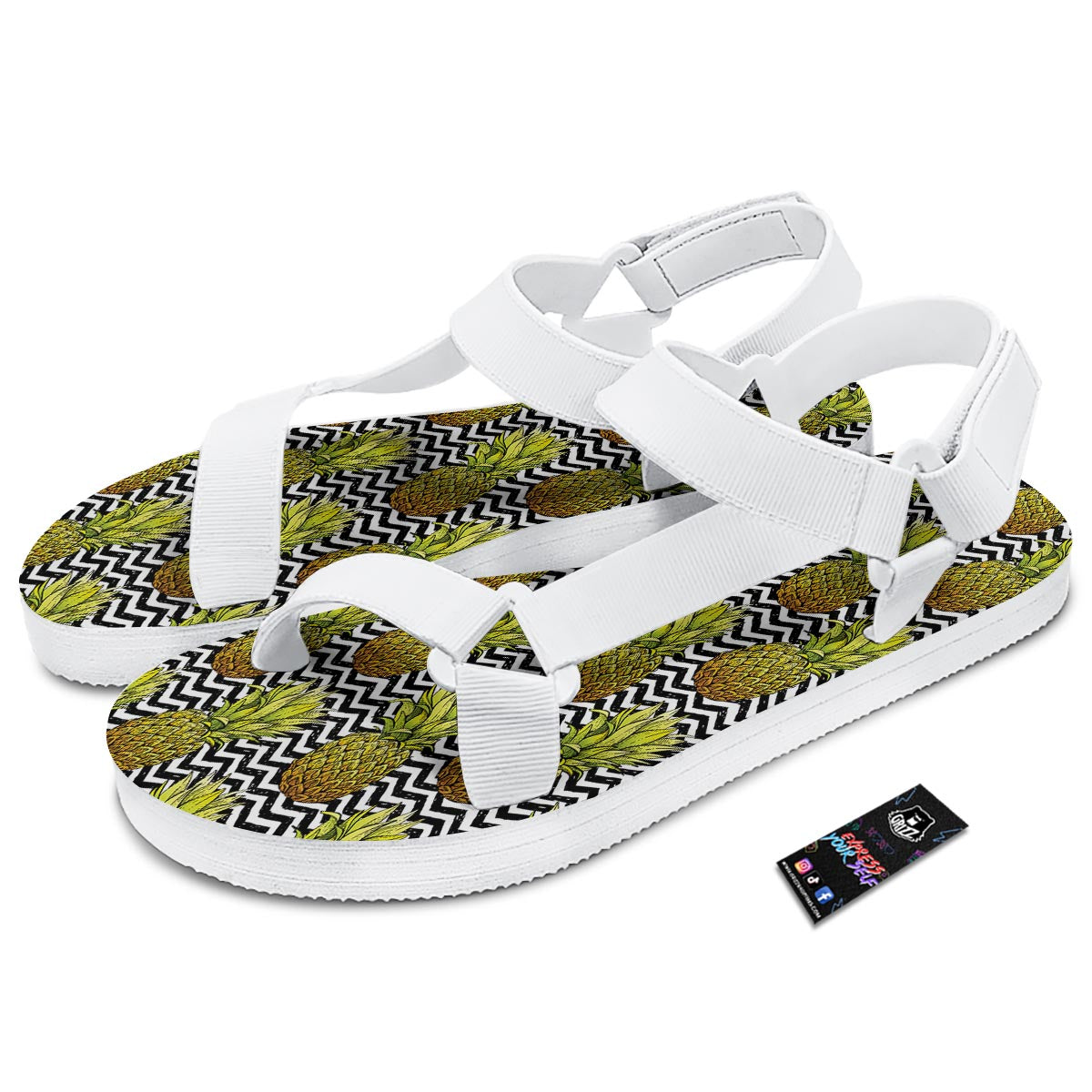 Pineapple White Zig Zag Print Pattern White Open Toe Sandals-grizzshop