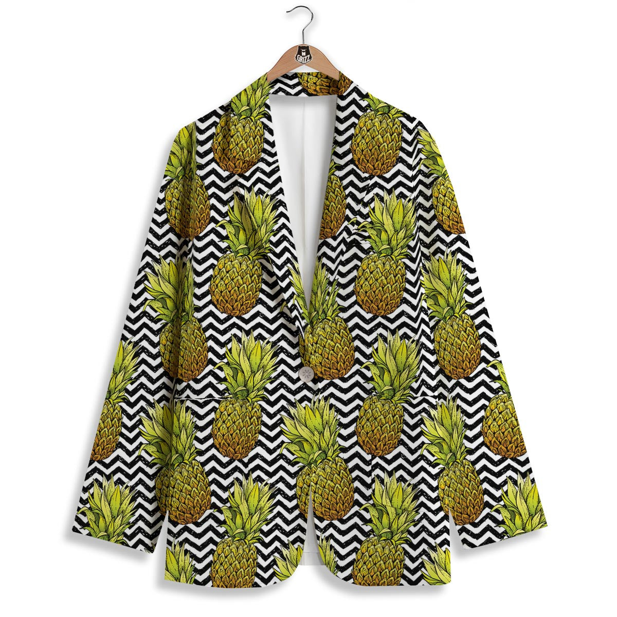 Pineapple White Zig Zag Print Pattern Women's Blazer-grizzshop