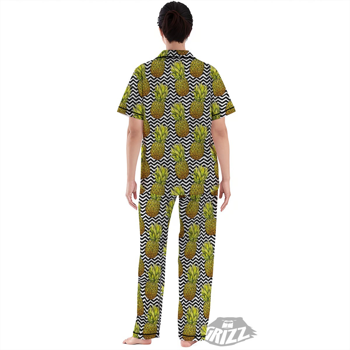 Pineapple White Zig Zag Print Pattern Women's Pajamas Set-grizzshop
