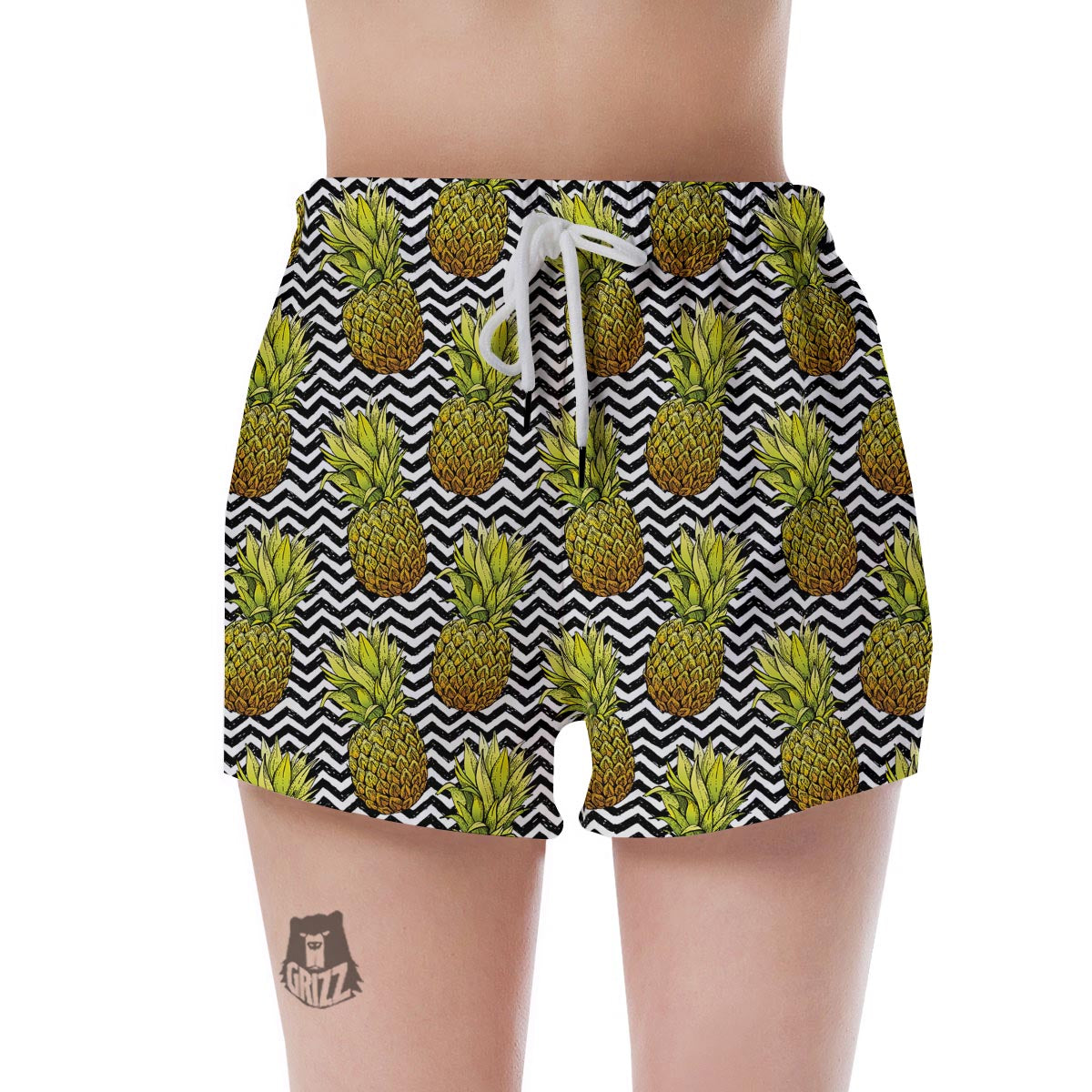 Pineapple White Zig Zag Print Pattern Women's Shorts-grizzshop