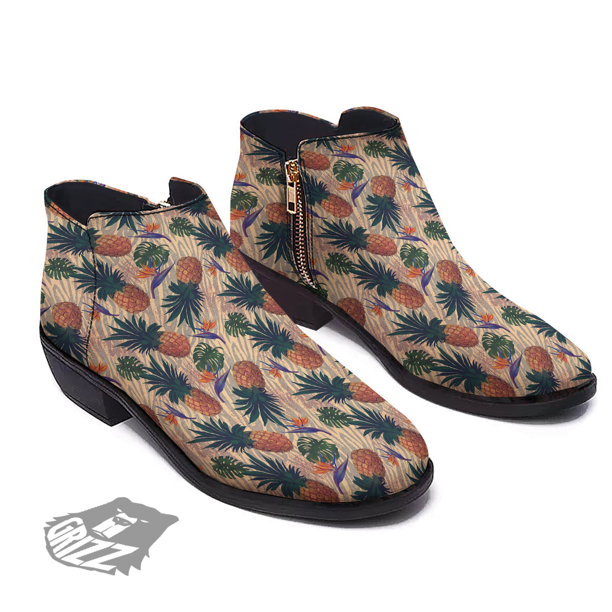 Pineapple Zebra Beige Print Pattern Ankle Boots-grizzshop