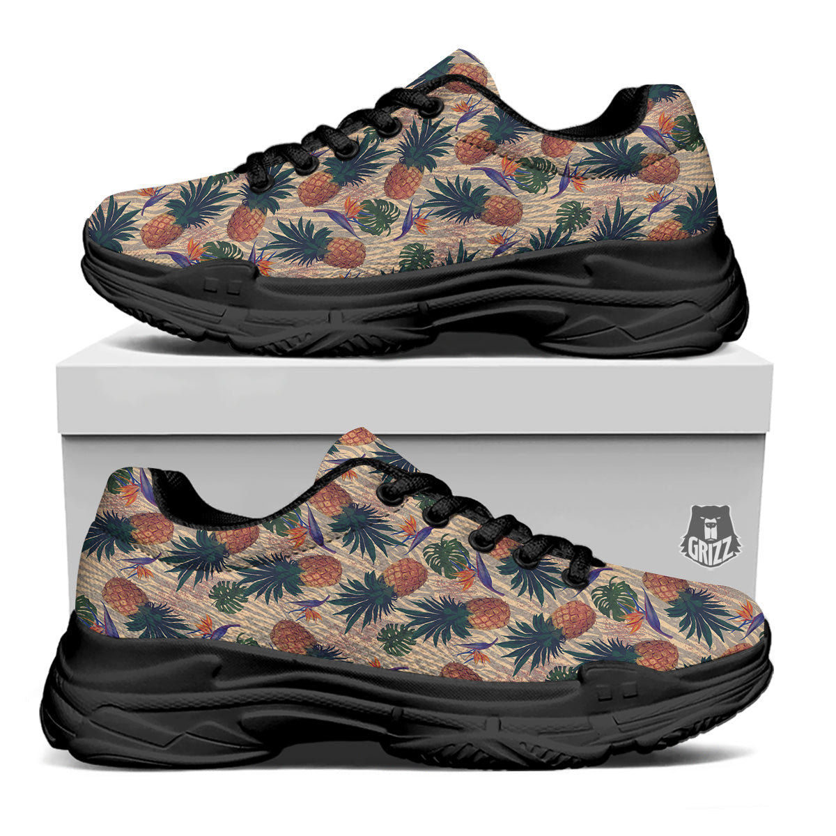 Pineapple Zebra Beige Print Pattern Black Chunky Shoes-grizzshop