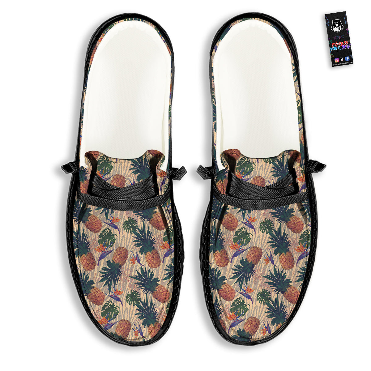 Pineapple Zebra Beige Print Pattern Black Loafers-grizzshop