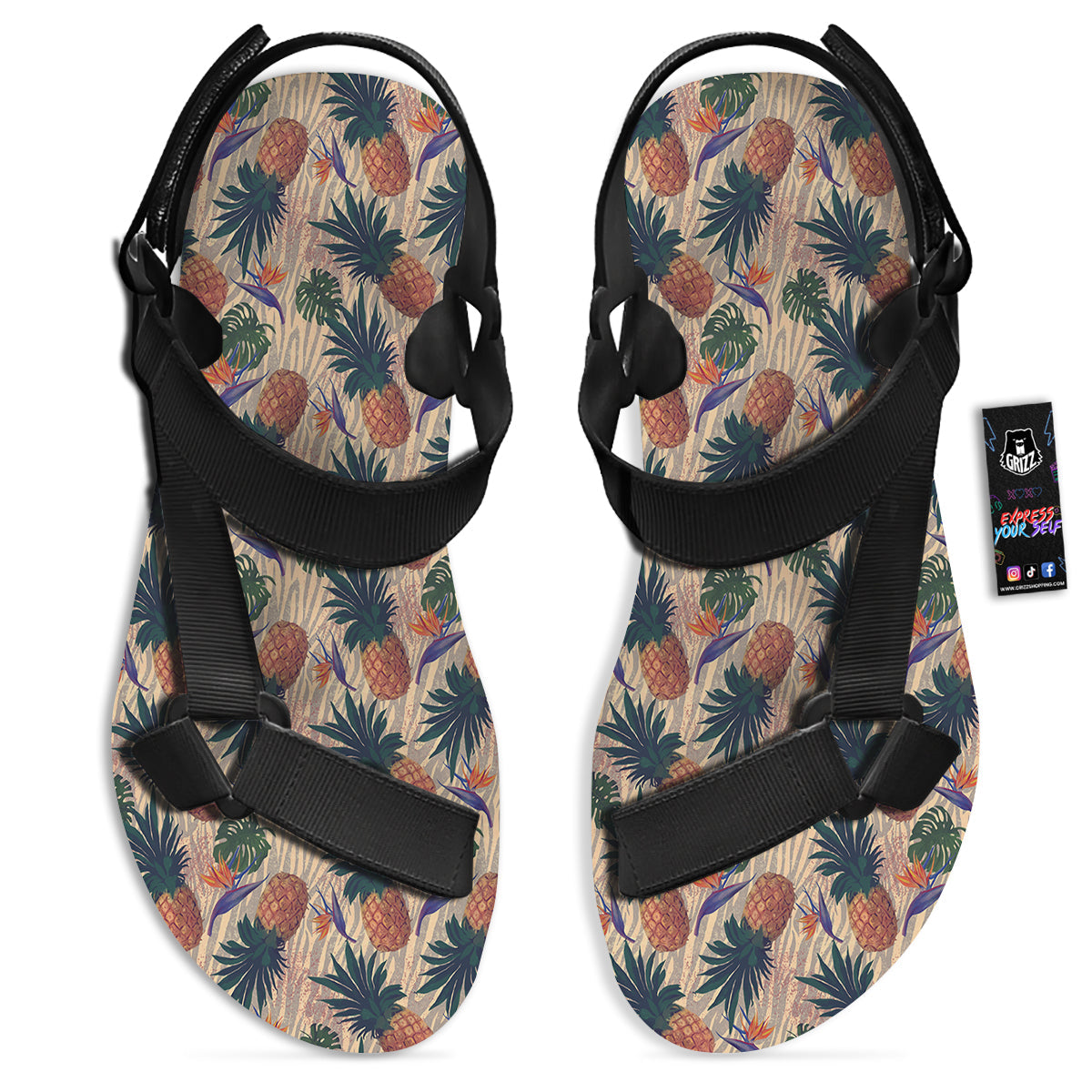 Pineapple Zebra Beige Print Pattern Black Open Toe Sandals-grizzshop