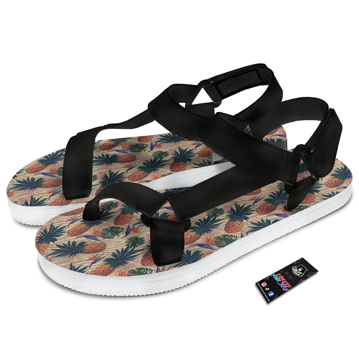 Pineapple Zebra Beige Print Pattern Black Open Toe Sandals-grizzshop