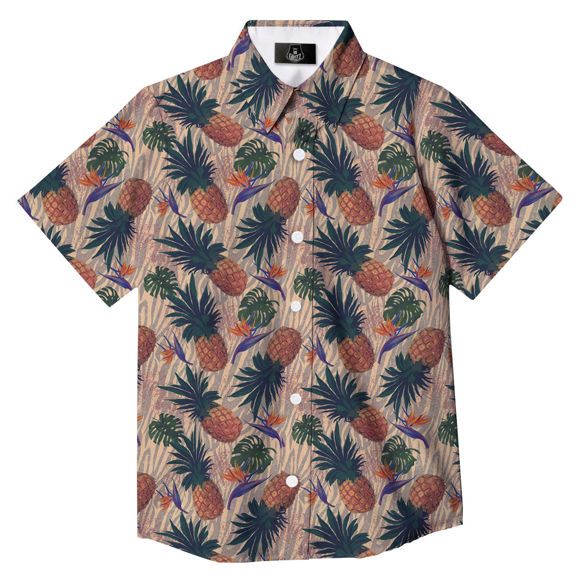 Pineapple Zebra Beige Print Pattern Button Up Shirt-grizzshop