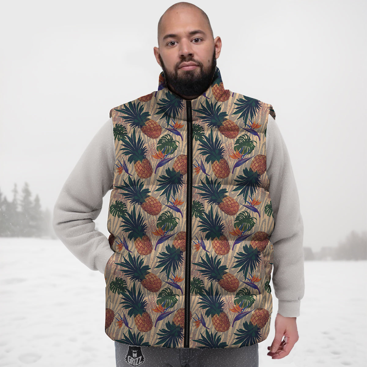 Pineapple Zebra Beige Print Pattern Down Vest-grizzshop