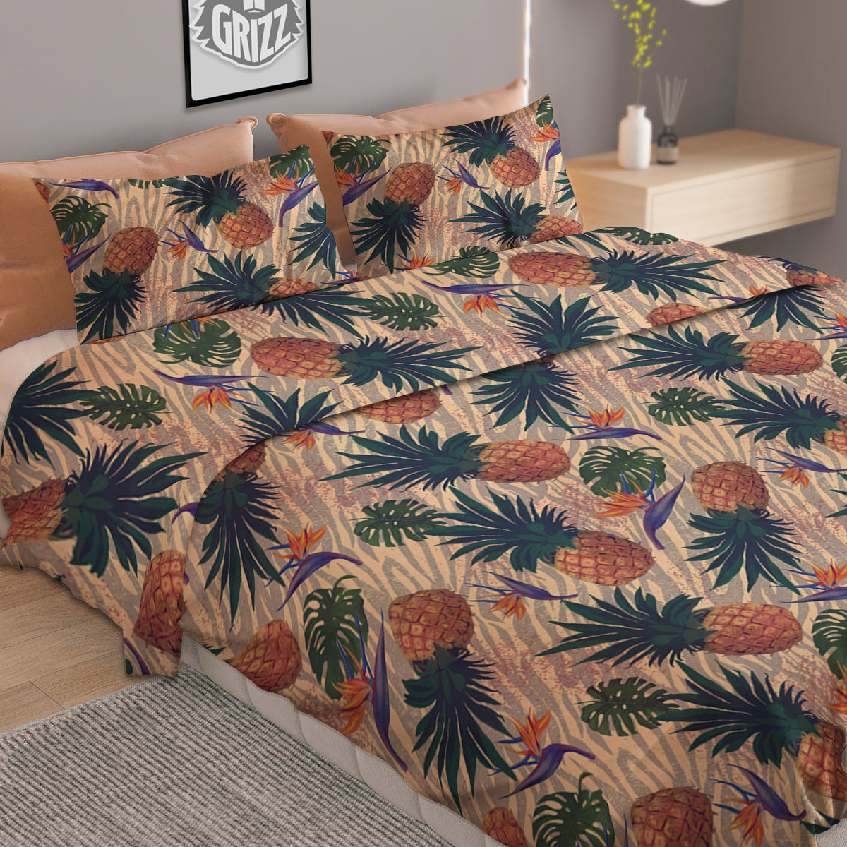 Pineapple Zebra Beige Print Pattern Duvet Cover Bedding Set