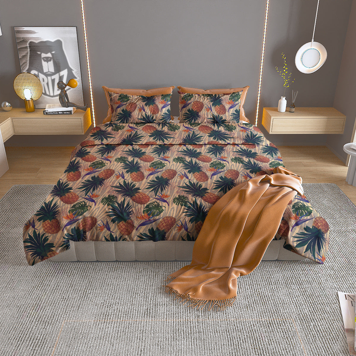 Pineapple Zebra Beige Print Pattern Duvet Cover Bedding Set