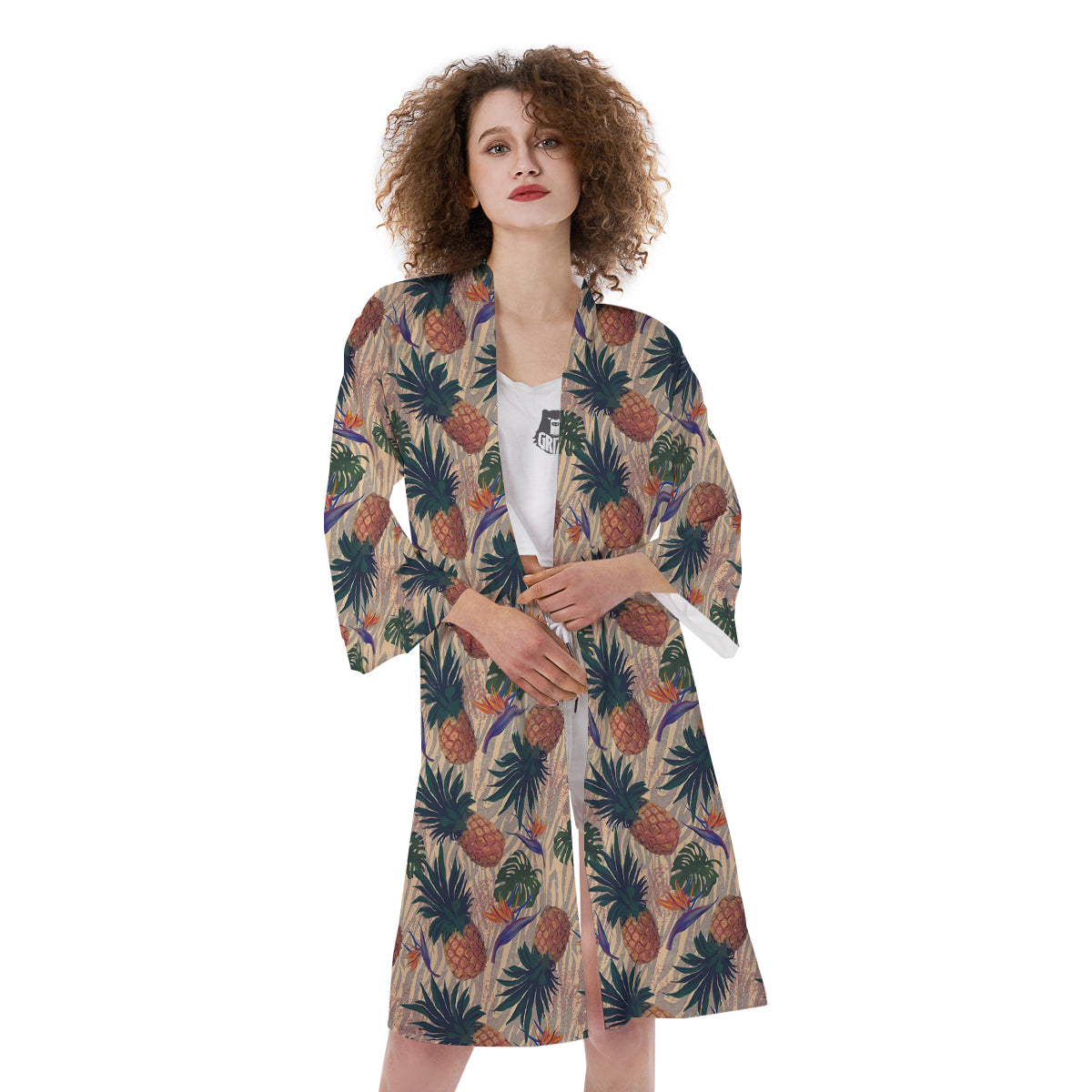 Pineapple Zebra Beige Print Pattern Kimono-grizzshop