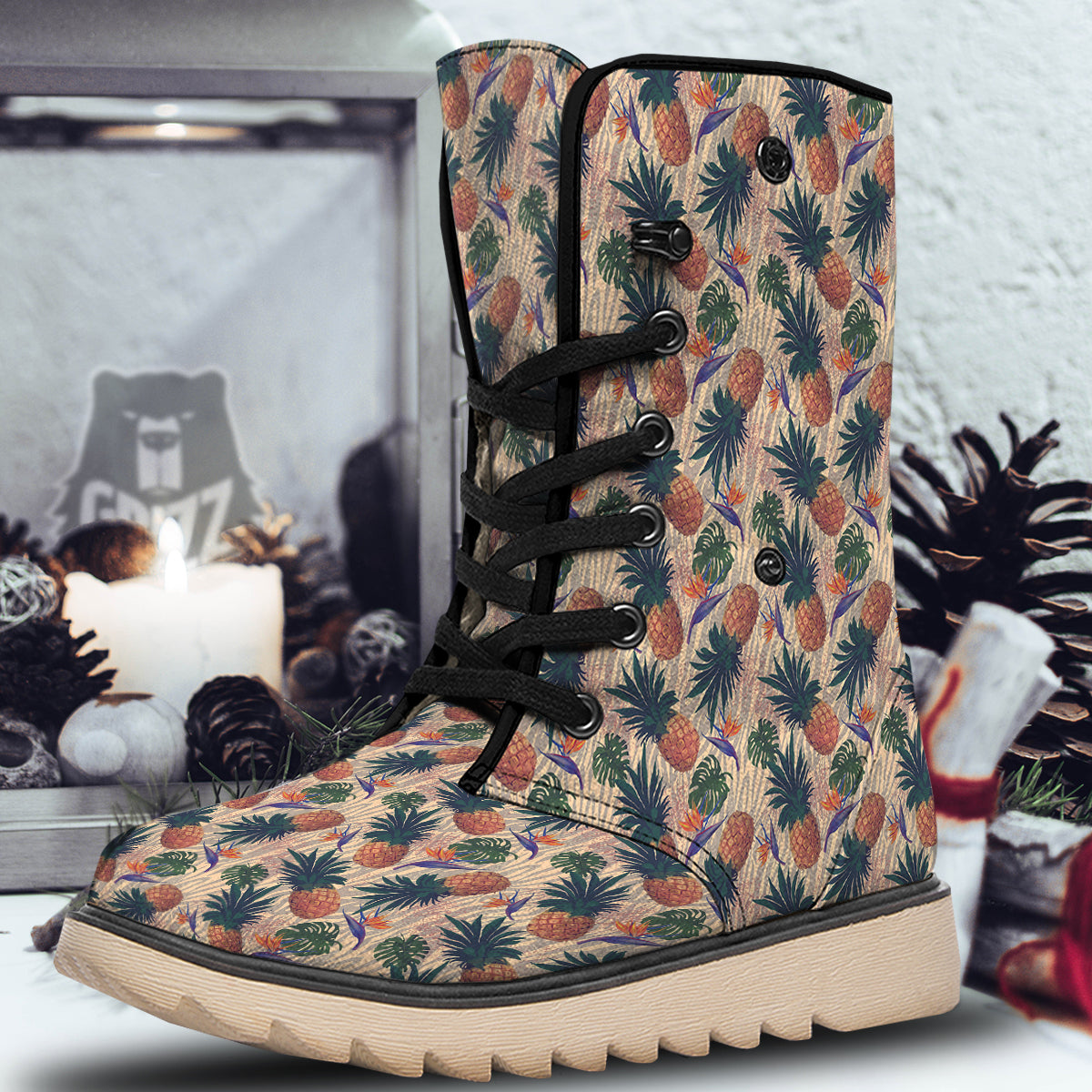 Pineapple Zebra Beige Print Pattern Snow Boots-grizzshop