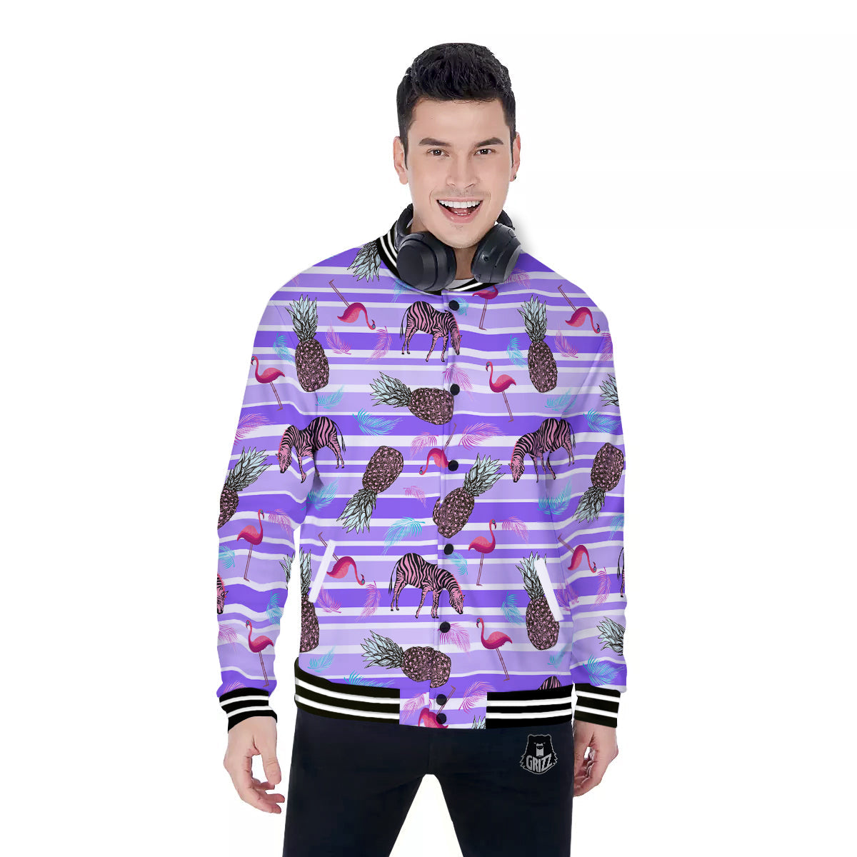 Pineapple Zebra Vintage Print Pattern Baseball Jacket-grizzshop