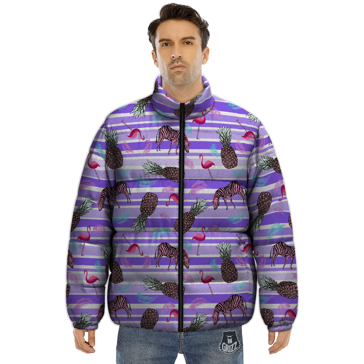 Pineapple Zebra Vintage Print Pattern Puffer Jacket-grizzshop