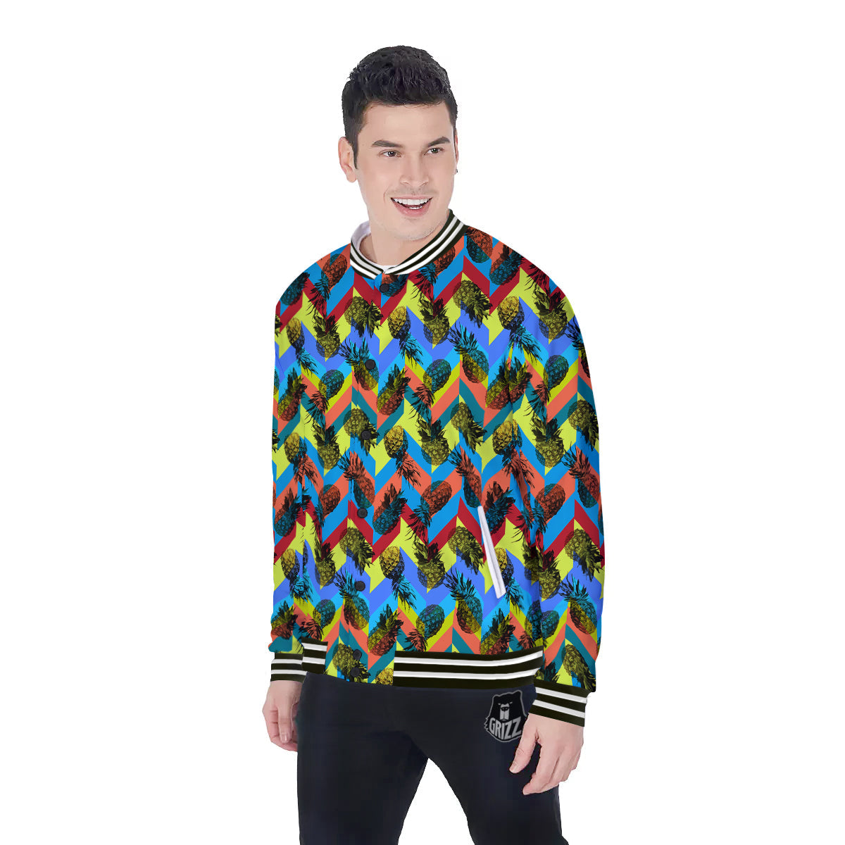Pineapple Zigzag Print Pattern Baseball Jacket-grizzshop